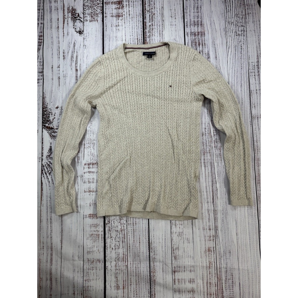 Tommy Hilfiger Jumper Women Medium White Cable Knit‎ Sweater Crew Neck Size M